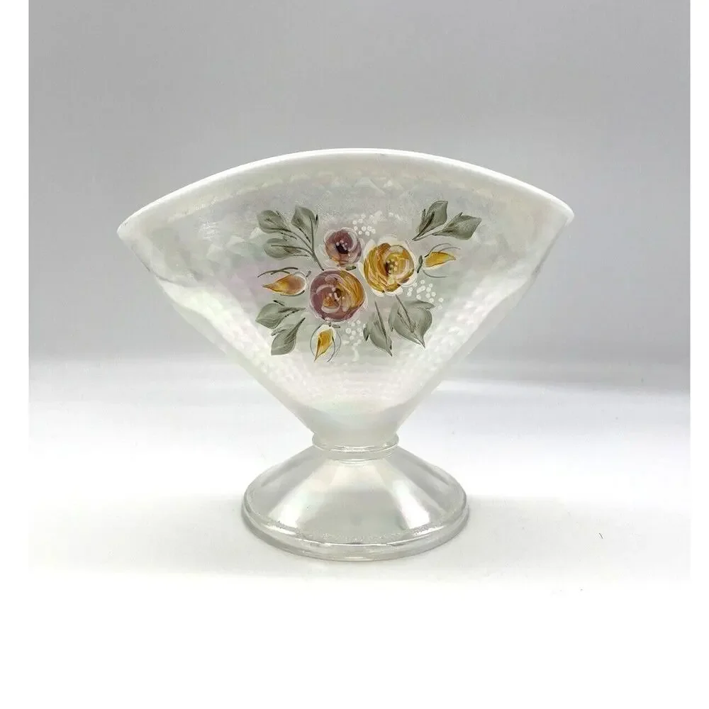 Vtg Fenton Romance Opalescent Iridescent Floral Fan Vase Signed S. Smith 5.75